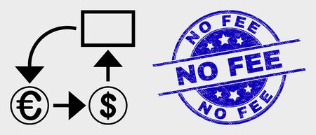 Vector contour currency conversion scheme pictogram and No Fee seal. Blue rounded distress seal with No Fee text. Black isolated currency conversion scheme pictogram in stroke style.のイラスト素材