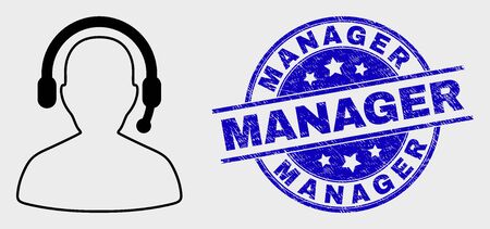 Vector stroke radio operator icon and Manager stamp. Blue round textured stamp with Manager text. Black isolated radio operator icon in stroke style.のイラスト素材