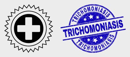 Vector linear medical cross icon and Trichomoniasis watermark. Blue round distress watermark with Trichomoniasis caption. Black isolated medical cross icon in outline style.のイラスト素材