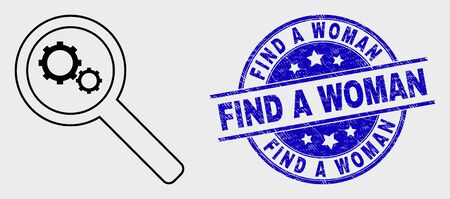 Vector stroke explore gears pictogram and Find a Woman stamp. Blue round textured stamp with Find a Woman message. Black isolated explore gears icon in stroke style.のイラスト素材