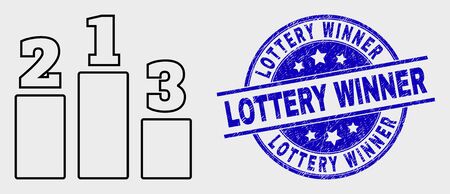 Vector linear prize places icon and Lottery Winner seal stamp. Blue round grunge seal with Lottery Winner title. Black isolated prize places icon in line style.のイラスト素材