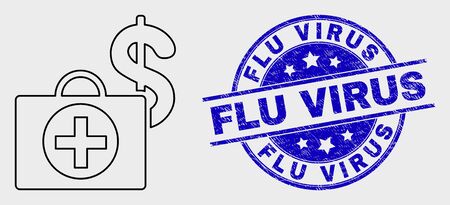 Vector line Financial medical case icon and Flu Virus seal. Blue round scratched seal stamp with Flu Virus caption. Black isolated Financial medical case symbol in line style.のイラスト素材