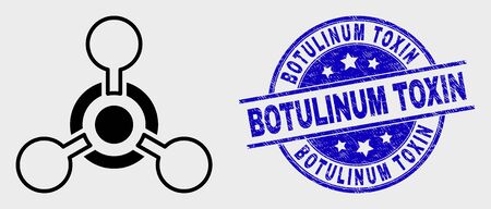 Vector line toxic Nerve agent icon and Botulinum Toxin seal stamp. Blue round textured seal stamp with Botulinum Toxin caption. Black isolated toxic Nerve agent pictogram in line style.のイラスト素材