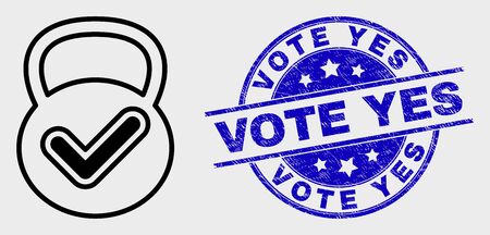 Vector linear valid weight icon and Vote Yes seal. Blue rounded distress seal with Vote Yes text. Black isolated valid weight icon in outline style.のイラスト素材