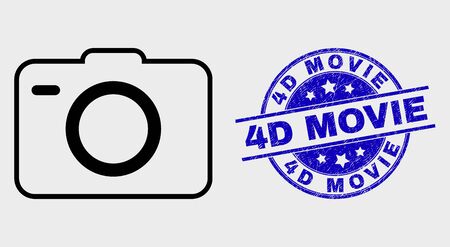 Vector outline photo camera pictogram and 4D Movie stamp. Blue round distress seal stamp with 4D Movie message. Black isolated photo camera pictogram in stroke style.のイラスト素材