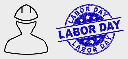 Vector stroke worker pictogram and Labor Day seal stamp. Blue rounded distress seal with Labor Day caption. Black isolated worker pictogram in line style.のイラスト素材