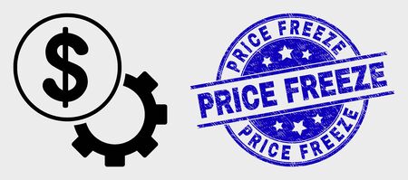 Vector stroke financial options gear icon and Price Freeze seal stamp. Blue rounded textured seal with Price Freeze phrase. Black isolated financial options gear icon in outline style.のイラスト素材