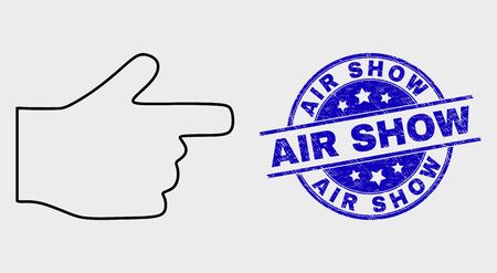 Vector line right pointer finger icon and Air Show seal stamp. Blue rounded distress stamp with Air Show caption. Black isolated right pointer finger icon in contour style.のイラスト素材
