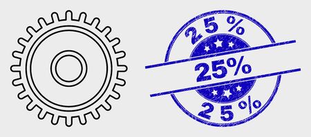 Vector linear cog pictogram and 25% seal stamp. Blue round grunge seal stamp with 25% text. Black isolated cog icon in linear style.のイラスト素材