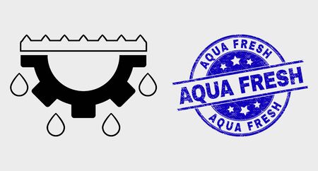 Vector linear water gear drops icon and Aqua Fresh watermark. Blue rounded distress watermark with Aqua Fresh phrase. Black isolated water gear drops icon in line style.のイラスト素材