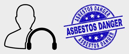 Vector line user headphones pictogram and Asbestos Danger watermark. Blue rounded textured watermark with Asbestos Danger phrase. Black isolated user headphones pictogram in linear style.のイラスト素材