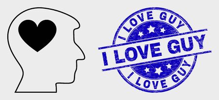 Vector stroke lovely heart man head icon and I Love Guy seal. Blue round distress seal stamp with I Love Guy title. Black isolated lovely heart man head icon in stroke style.のイラスト素材