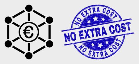 Vector stroke euro network pictogram and No Extra Cost stamp. Blue rounded scratched stamp with No Extra Cost caption. Black isolated euro network pictogram in stroke style.のイラスト素材
