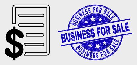 Vector contour price list pictogram and Business for Sale seal. Blue rounded textured seal stamp with Business for Sale phrase. Black isolated price list pictogram in contour style.のイラスト素材