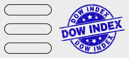 Vector stroke menu list icon and Dow Index seal. Blue rounded scratched seal stamp with Dow Index message. Black isolated menu list pictogram in stroke style.のイラスト素材