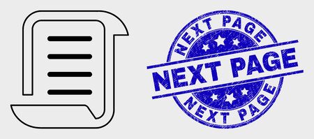 Vector contour scroll list pictogram and Next Page stamp. Blue rounded distress seal stamp with Next Page message. Black isolated scroll list pictogram in linear style.のイラスト素材