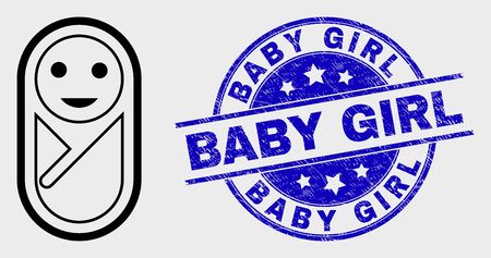 Vector stroke new born pictogram and Baby Girl seal stamp. Blue round grunge seal stamp with Baby Girl message. Black isolated new born icon in linear style.のイラスト素材