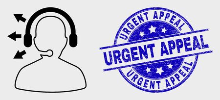 Vector line radio operator pictogram and Urgent Appeal seal stamp. Blue rounded textured seal with Urgent Appeal text. Black isolated radio operator pictogram in stroke style.のイラスト素材