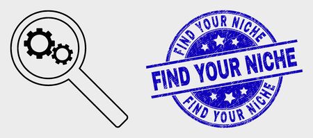 Vector linear gears audit icon and Find Your Niche seal stamp. Blue round textured seal stamp with Find Your Niche title. Black isolated gears audit icon in stroke style.のイラスト素材