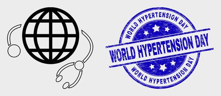 Vector line global medical service icon and World Hypertension Day seal stamp. Blue rounded scratched seal with World Hypertension Day phrase.のイラスト素材