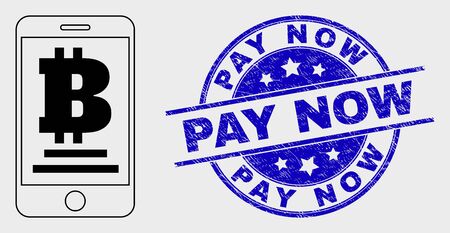 Vector linear mobile bitcoin bank icon and Pay Now stamp. Blue rounded grunge stamp with Pay Now phrase. Black isolated mobile bitcoin bank icon in linear style.のイラスト素材