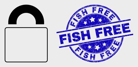 Vector contour lock pictogram and Fish Free seal stamp. Blue round textured seal with Fish Free text. Black isolated lock pictogram in line style.のイラスト素材