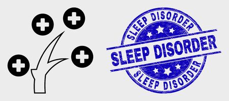 Vector outline medical tree icon and Sleep Disorder watermark. Blue rounded textured watermark with Sleep Disorder caption. Black isolated medical tree icon in outline style.のイラスト素材