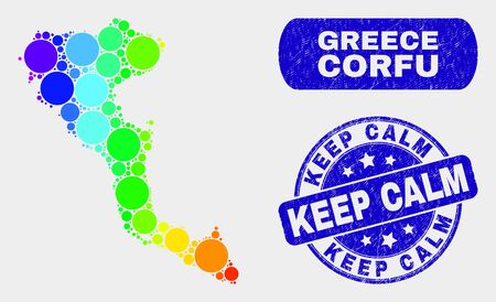Rainbow colored spotted Corfu Island map and seal stamps. Blue round Keep Calm scratched watermark. Gradient rainbow colored Corfu Island map mosaic of scattered round spots.のイラスト素材