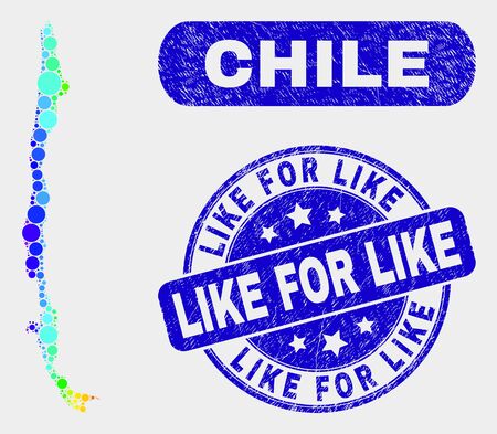Spectrum spotted Chile map and rubber prints. Blue round Like for Like textured watermark. Gradient spectral Chile map mosaic of scattered circle dots. Like for Like watermark with rubber texture.のイラスト素材