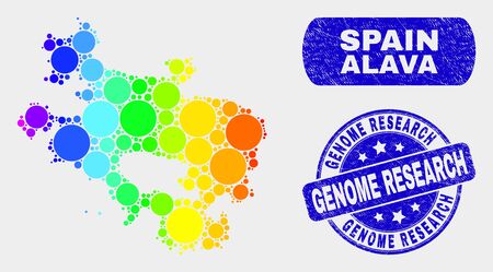 Rainbow colored dotted Alava Province map and seal stamps. Blue rounded Genome Research grunge seal stamp. Gradient spectral Alava Province map mosaic of scattered small circles.のイラスト素材