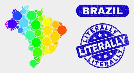 Spectrum spotted Brazil map and rubber prints. Blue rounded Literally distress seal stamp. Gradiented spectrum Brazil map mosaic of scattered circle. Literally seal with distress texture.のイラスト素材