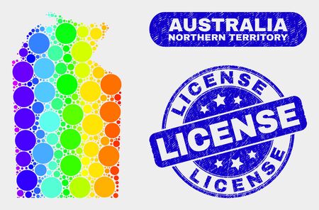 Rainbow colored dot Australian Northern Territory map and seals. Blue round License grunge seal stamp. Gradient spectral Australian Northern Territory map mosaic of randomized small circles.のイラスト素材