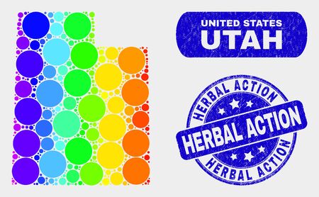 Spectrum spotted Utah State map and seals. Blue rounded Herbal Action scratched seal stamp. Gradient spectrum Utah State map mosaic of randomized round dots.のイラスト素材