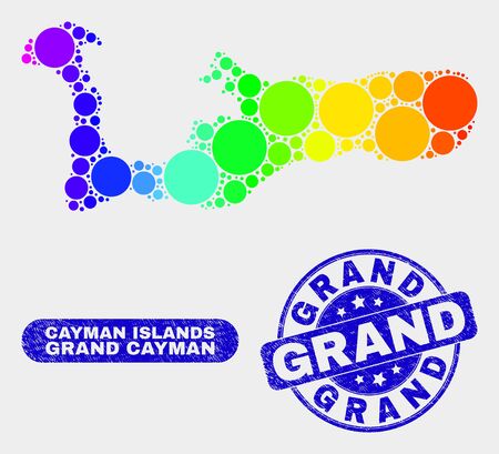 Rainbow colored dot Grand Cayman Island map and seals. Blue rounded Grand distress seal. Gradiented rainbow colored Grand Cayman Island map mosaic of randomized round spots.のイラスト素材