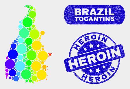 Spectrum dotted Tocantins State map and seal stamps. Blue round Heroin grunge seal. Gradiented spectral Tocantins State map mosaic of scattered round spots. Heroin stamp with grunge surface.のイラスト素材