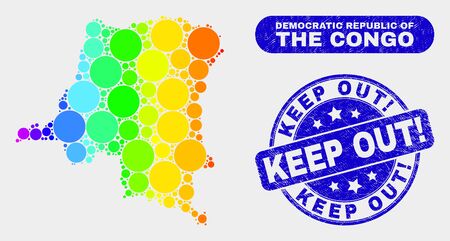 Spectrum dotted Democratic Republic of the Congo map and watermarks. Blue round Keep Out! textured seal stamp. Gradiented spectrum Democratic Republic of the Congo map mosaic of random round dots.のイラスト素材