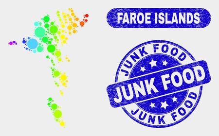 Spectral spotted Faroe Islands map and seal stamps. Blue rounded Junk Food grunge watermark. Gradiented spectral Faroe Islands map mosaic of scattered small circles.のイラスト素材