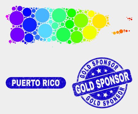 Spectrum dot Puerto Rico map and seals. Blue round Gold Sponsor distress watermark. Gradiented spectrum Puerto Rico map mosaic of random round spots. Gold Sponsor seal with scratched texture.のイラスト素材