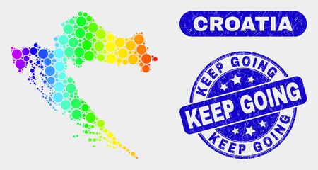 Rainbow colored dotted Croatia map and seal stamps. Blue rounded Keep Going grunge seal stamp. Gradiented rainbow colored Croatia map mosaic of random circle dots.のイラスト素材