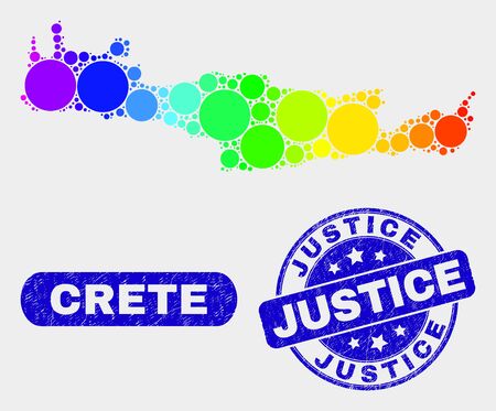 Rainbow colored spotted Crete map and watermarks. Blue round Justice textured seal stamp. Gradiented rainbow colored Crete map mosaic of randomized round elements.のイラスト素材