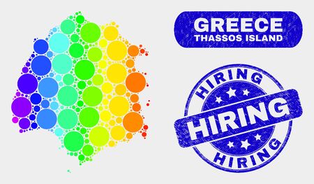 Spectrum dotted Thassos Island map and seal stamps. Blue rounded Hiring distress seal. Gradient rainbow colored Thassos Island map mosaic of randomized spheric dots. Hiring seal with grunge texture.のイラスト素材