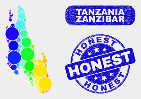 Spectral dotted Zanzibar Island map and watermarks. Blue round Honest scratched seal stamp. Gradiented spectral Zanzibar Island map mosaic of randomized round elements.のイラスト素材