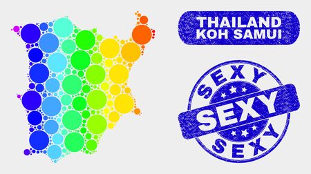 Spectrum spotted Koh Samui map and stamps. Blue round Sexy scratched seal. Gradiented spectrum Koh Samui map mosaic of random small spheres. Sexy seal stamp with rubber texture.のイラスト素材