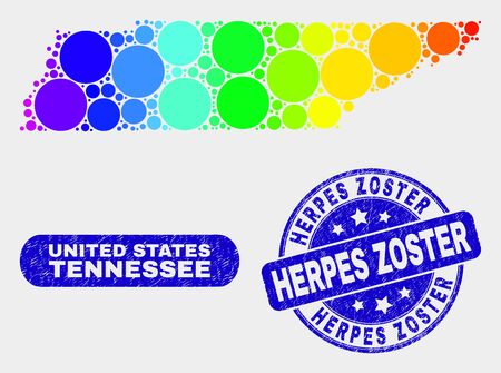Rainbow colored dot Tennessee State map and seal stamps. Blue round Herpes Zoster distress stamp. Gradient rainbow colored Tennessee State map mosaic of random round dots.のイラスト素材