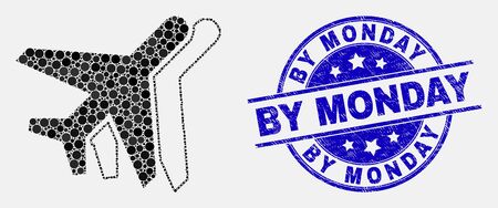 Dot aviation mosaic icon and By Monday seal. Blue vector round textured seal stamp with By Monday caption. Vector composition in flat style. Black isolated aviation mosaic of randomized dots,のイラスト素材