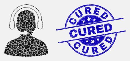 Dotted call center operator mosaic icon and Cured stamp. Blue vector round textured stamp with Cured title. Vector collage in flat style. Black isolated call center operator mosaic of scattered dots,のイラスト素材