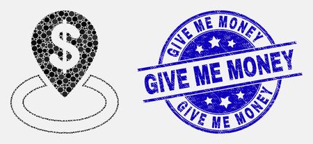 Pixelated bank location mosaic icon and Give Me Money seal. Blue vector round grunge seal stamp with Give Me Money phrase. Vector combination in flat style.のイラスト素材