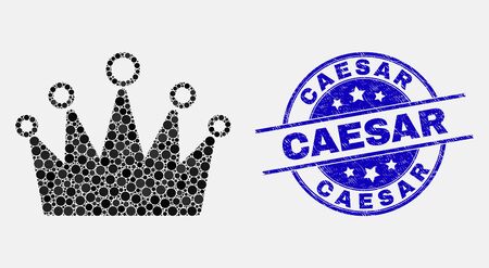 Dotted crown mosaic icon and Caesar seal stamp. Blue vector rounded grunge seal stamp with Caesar text. Vector combination in flat style. Black isolated crown mosaic of random circles,のイラスト素材