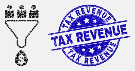 Pixel customers sales funnel mosaic icon and Tax Revenue seal. Blue vector round grunge stamp with Tax Revenue title. Vector combination in flat style.のイラスト素材