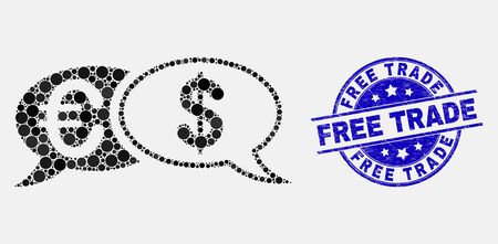 Pixelated financial chat messages mosaic icon and Free Trade watermark. Blue vector rounded grunge seal stamp with Free Trade title. Vector composition in flat style.のイラスト素材